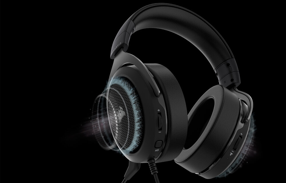 Słuchawki CORSAIR HS60 Haptic Carbon przetworniki pasmo przenoszenia impedancja dynamika