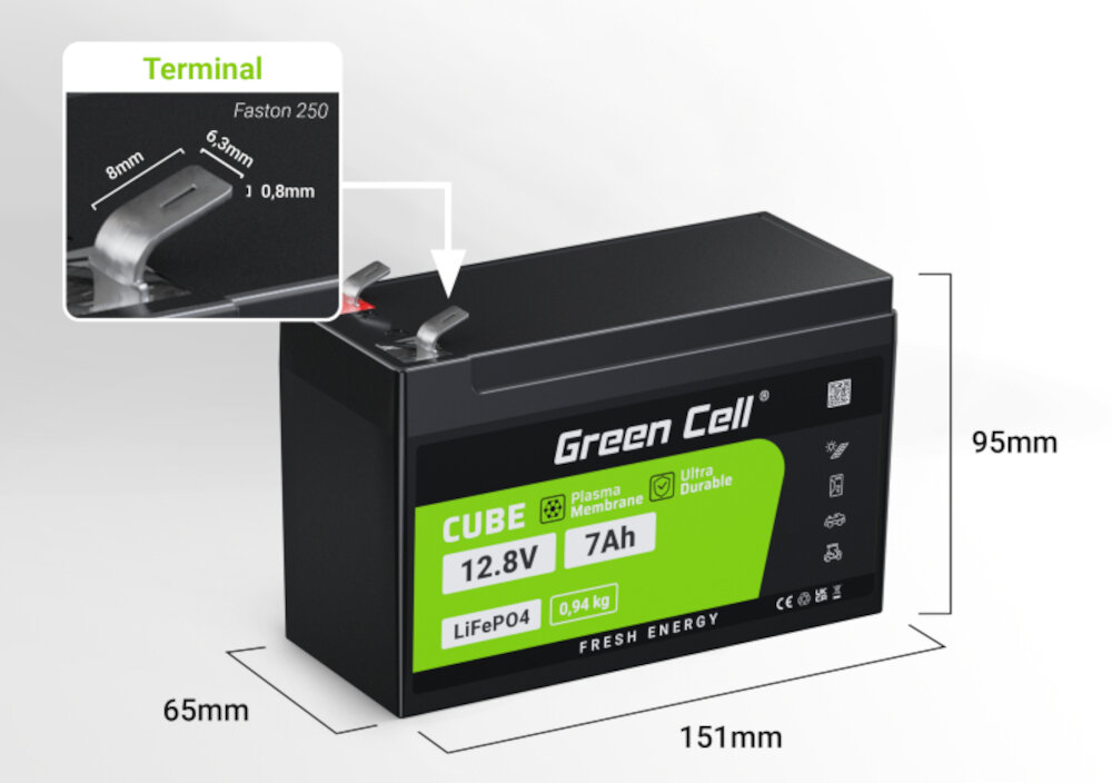 Akumulator GREEN CELL LiFePO4 12.8V 7Ah waga 940 g wymiary 151 x 65 x 95 mm terminal Faston F2 szerokosc 6,3 mm bezpieczne stabilne polaczenie