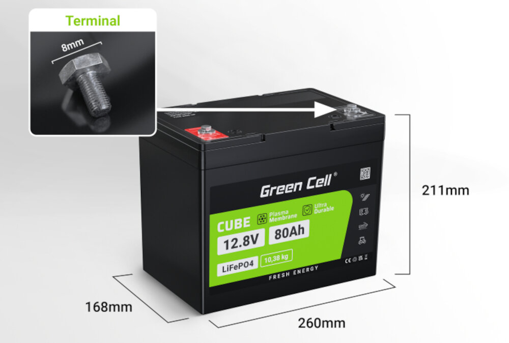 Akumulator GREEN CELL CAV12 80Ah 12.8V waga 10,38 kg wymiary 260 x 168 x 211 mm terminal ze sruba M8 bezpieczne stabilne polaczenie