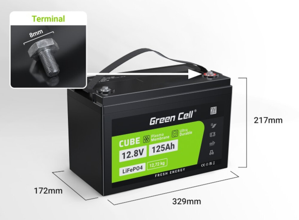 Akumulator GREEN CELL CAV13 125Ah 12.8V waga 12,72 kg wymiary 329 x 172 x 217 mm terminal ze sruba M8 bezpieczne stabilne polaczenie
