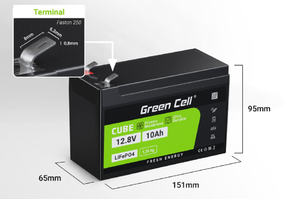 Akumulator GREEN CELL CAV10 10Ah 12.8V waga 1,26 kg wymiary 151 x 65 x 95 mm terminal Faston F2 szerokosc 6,3 mm bezpieczne stabilne polaczenie