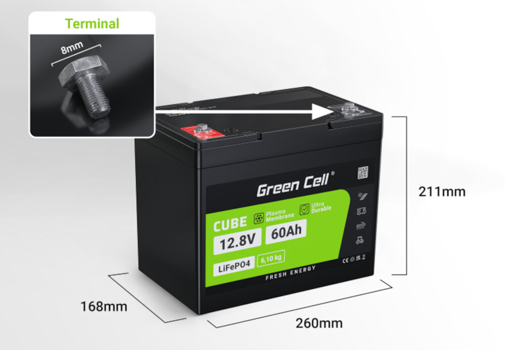 Akumulator GREEN CELL LiFePO4 12.8V 60Ah waga 6,1 kg wymiary 260 x 168 x 211 mm terminal ze sruba M8 bezpieczne stabilne polaczenie