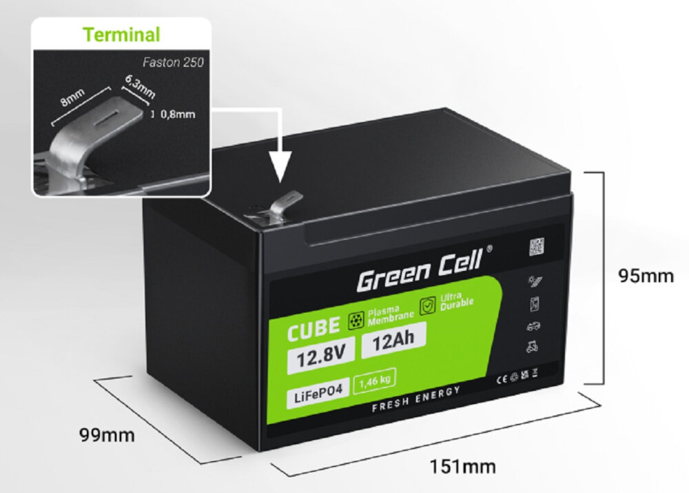 Akumulator GREEN CELL CAV08 12Ah 12.8V waga 1,46 kg wymiary 151 x 99 x 95 mm terminal Faston F2 szerokosc 6,3 mm bezpieczne stabilne polaczenie