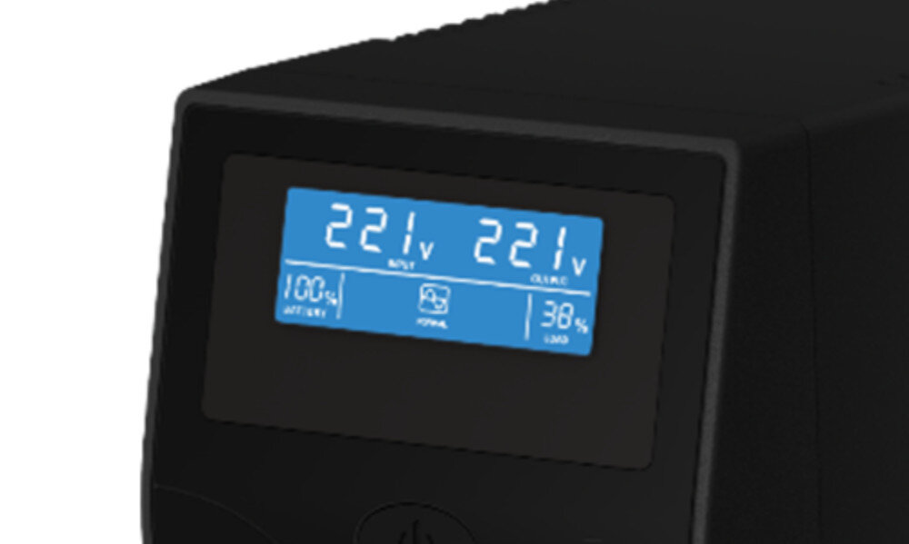 Zasilacz UPS ORVALDI i2000 LCD USB zastosowanie moc podłączenie wyświetlacz topologia