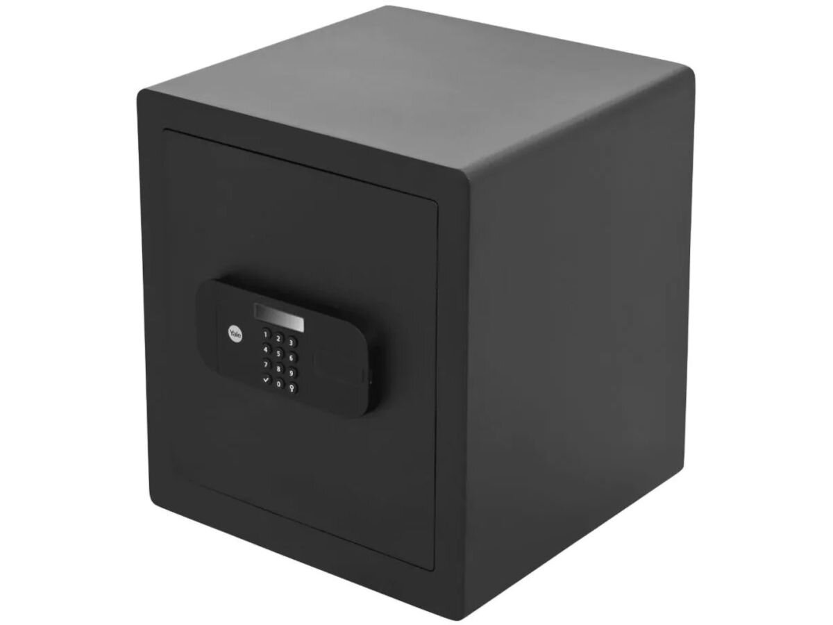 Sejf YALE YSFB 400 EB1, sforsowanie, średnica, wstrząsy, system, na białym tle sejf na wprost prawo skos lekko od góry