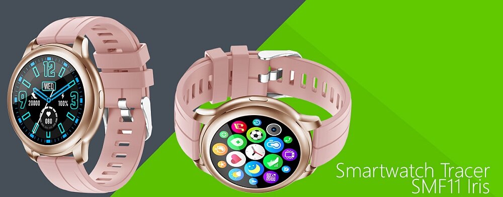 Smartwatch TRACER SMF11 Iris ekran bateria czujniki zdrowie sport pasek ładowanie pojemność rozdzielczość łączność sterowanie krew puls rozmowy smartfon aplikacja 