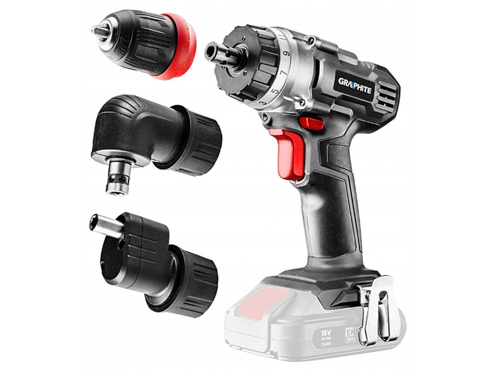 Wiertarko-wkrętarka GRAPHITE 58G022-AD Energy+ w zestawie zaczep do paska adapter kątowy adapter krawędziowy instrukcja obsługi w języku polskim karta gwarancyjna