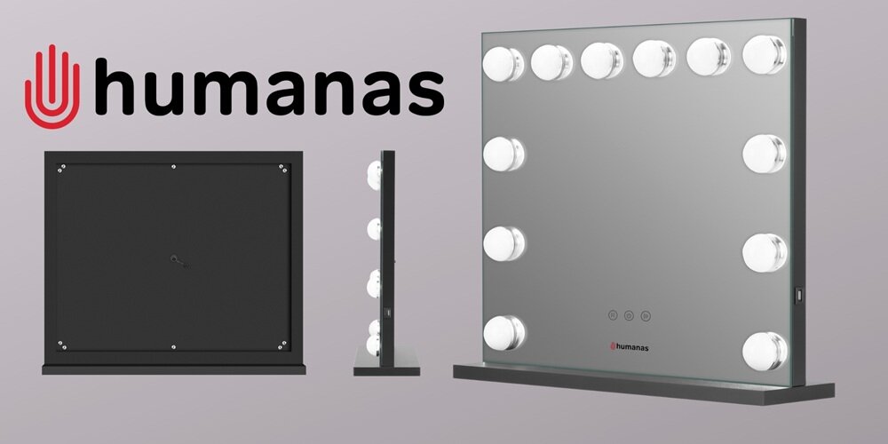 Trzy ujęcia lustra Humanas z okrągłymi lampkami: tył, bok i przód na szarym tle, obok logo