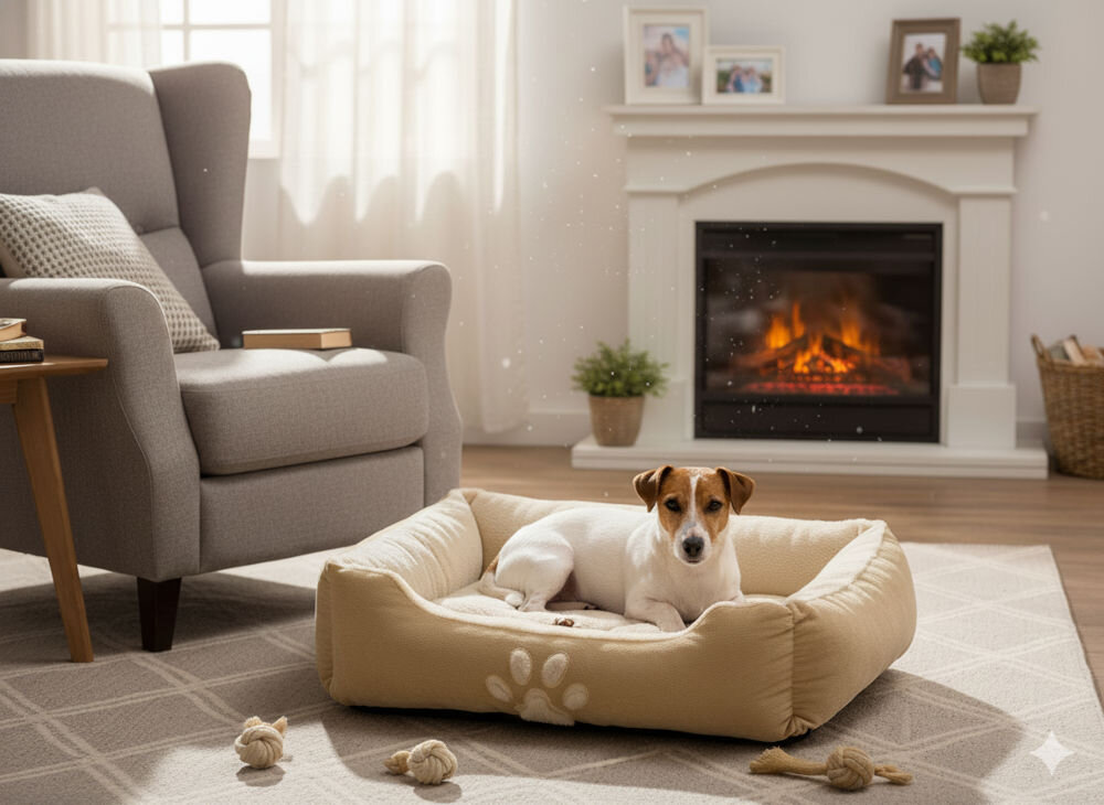 Legowisko uniwersalne PET COMFORT 950679 beżowe 60x48 cm z miękkim futerkiem dla małego psa i kota Pies rasy Jack Russell Terrier leży w beżowym, prostokątnym legowisku z wysokimi brzegami, umieszczonym w salonie przed kominkiem z palącym się ogniem.