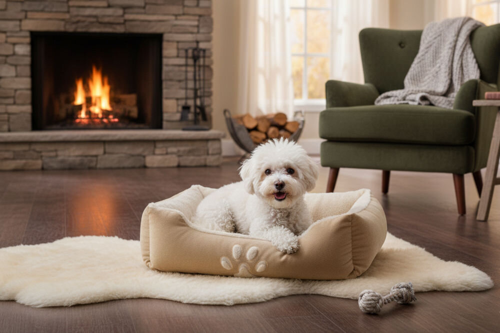 Legowisko uniwersalne PET COMFORT 950679 z miękkiego futerka zapewniające komfort odpoczynku małemu psu i kotu Mały, biały pies rasy Bichon Frise leży w beżowym, pluszowym legowisku. Legowisko stoi na białej, futrzanej macie, a w tle widać kominek z kamienia.