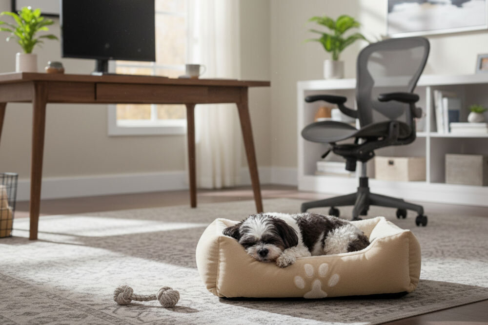 Legowisko uniwersalne PET COMFORT 950679 z podwyższonymi bocznymi ściankami i obniżonym wejściem dla wygody zwierzaka Pies rasy Shih Tzu (lub podobnej małej rasy) śpi w beżowym legowisku z wyhaftowaną łapą. Legowisko znajduje się na dywanie w domowym biurze obok biurka i krzesła.