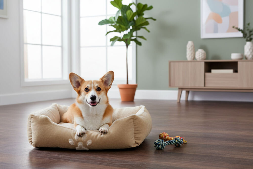 Legowisko uniwersalne PET COMFORT 950679 łatwe w utrzymaniu czystości z miękkiego futerka dla małego psa i kota Pies rasy Welsh Corgi Pembroke leży w beżowym legowisku, patrząc wprost na widza. W tle widać jasny salon z dużym oknem i szafką.