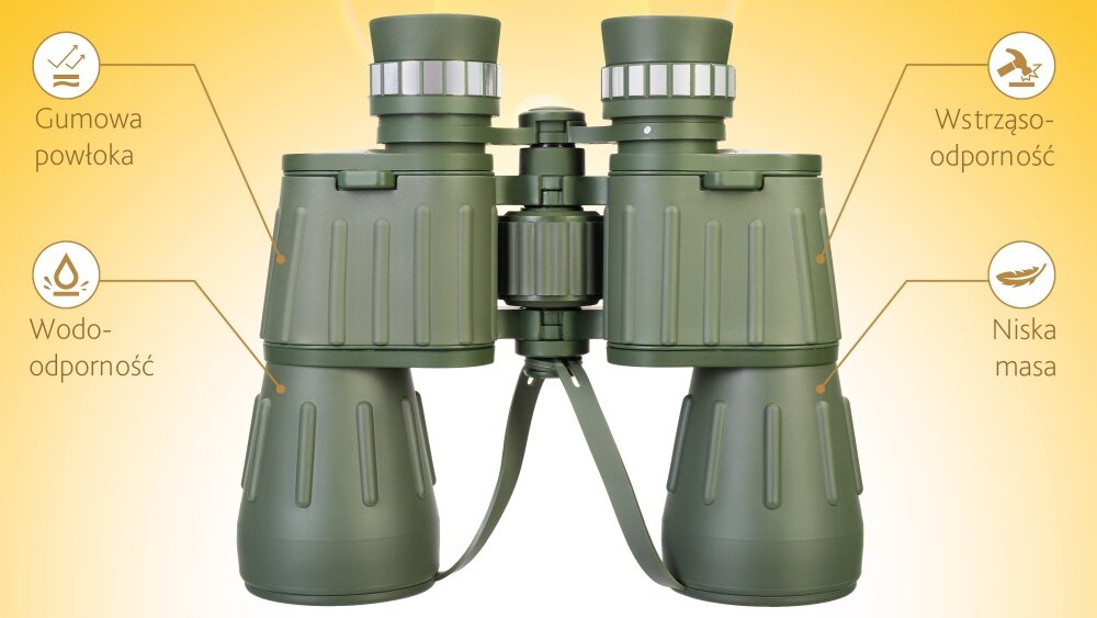 Lornetka DISCOVERY Field korpus elementy optyczne mechaniczne uderzenia pył wilgoć powłoka gumowa