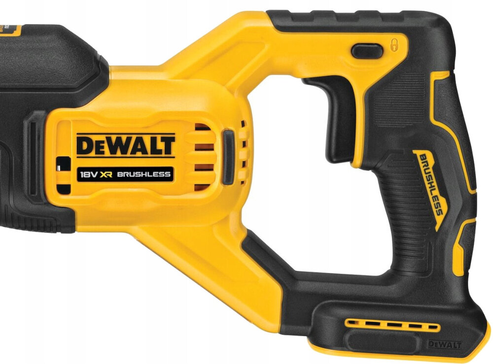 Piła szablasta DEWALT DCS382N praca w zgodzie z rygorystycznymi zasadami ergonomii bezpieczna dla użytkowników i otoczenia wyprofilowana rękojeść antypoślizgowe tworzywo