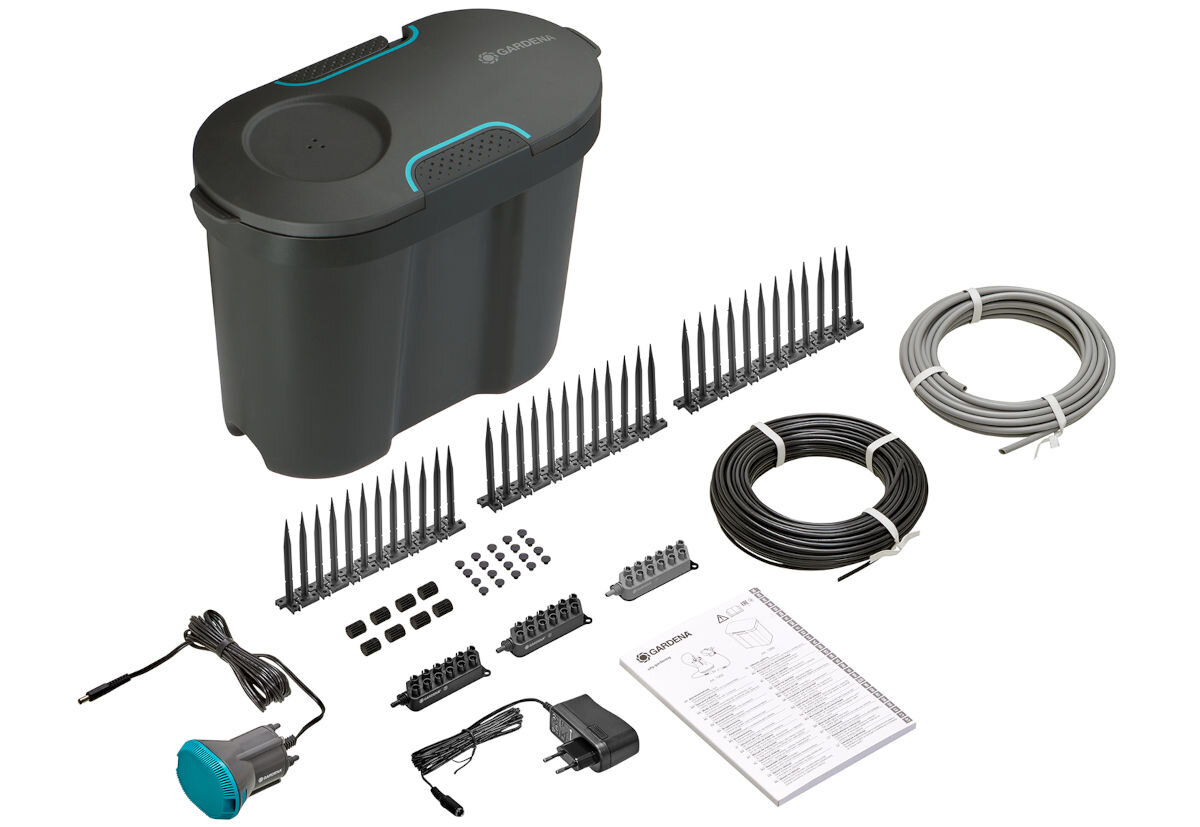 Zestaw do nawadniania GARDENA 13366-20, zestaw, zawartość, pakiet, instrukcja, na białym zdjęcie całego pełnego zestawu nawadniającego