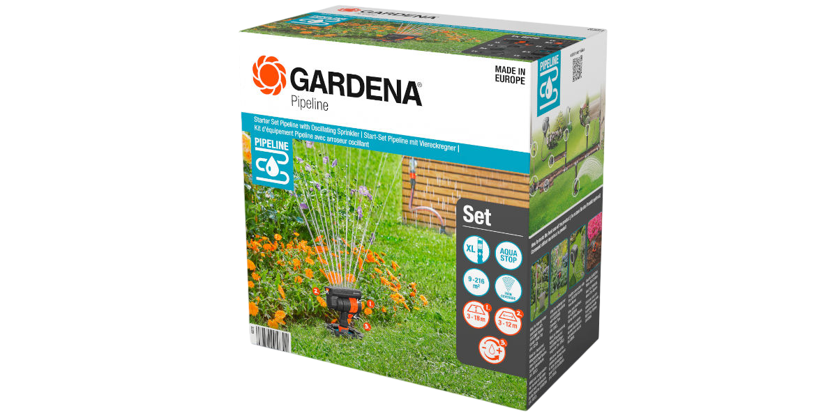 Zestaw startowy GARDENA 8272-20, podziemnych, system, rur, nawodnienia, na białym tle opakowanie zestawu startowego gardena
