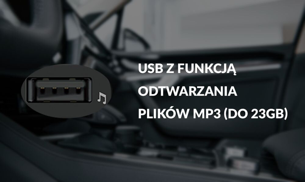 Transmiter FM AKAI FMT-20BT USB microSD MP3 WMA wyświetlacz LED ładowanie, kadr na port USB z funkcją odtwarzania plików na tle wnętrza samochodu