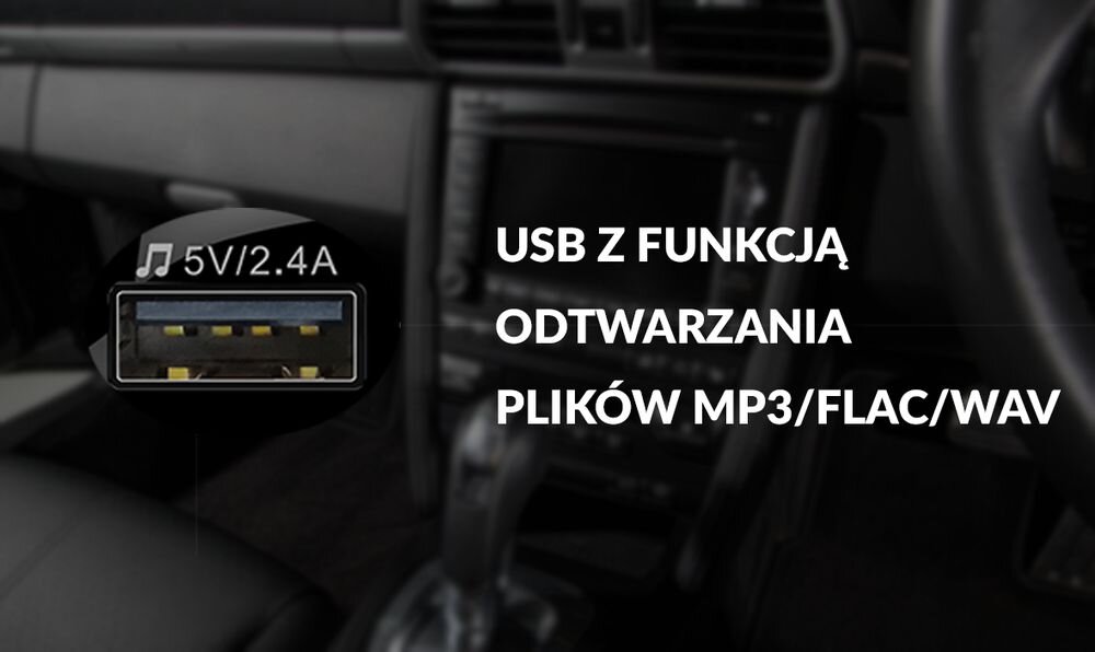 Transmiter FM AKAI FMT-52BT łączność FM 87,5–108 MHz Bluetooth 4.2 zasilanie 12–24 V radio samochodowe, kadr na USB z funkcją odtwarzania plików na tle wnętrza samochodu