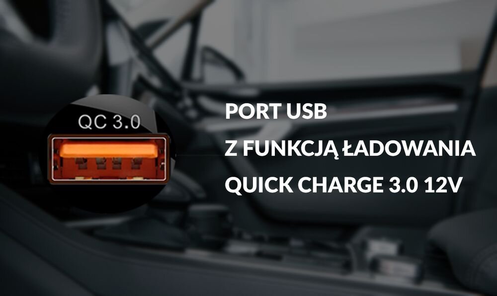 Transmiter FM AKAI FMT-52BT rozmowy głośnomówiące mikrofon USB Quick Charge 3.0 wyświetlacz LED RGB, kadr na USB z funkcją ładowania na tle wnętrza samochodu