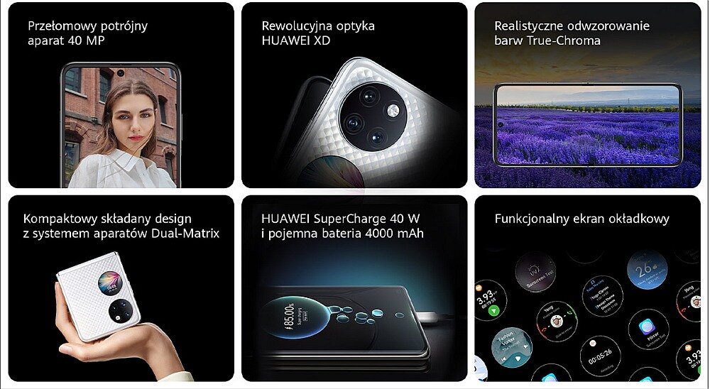 Smartfon HUAWEI P50 Pocket ekran pamięć dysk ram procesor aparat łączność system aplikacje pojemność rozdzielczość opis dane cechy zdjęcia częstotliwość