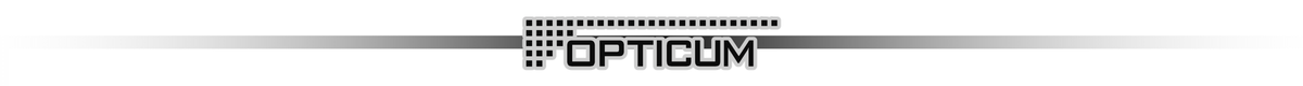 Logo z napisem \'OPTICUM\' złożone z czarnych liter i kwadratowych elementów nad literą \'O\'.