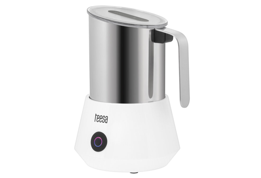 Spieniacz TEESA Aroma F50 Szybkie spienianie mleka System indukcyjny  moc 350–420 W przygotować gładką piankę w krótkim czasie bez przypalania mleka Waży 765,5 g ma średnicę 125,5 mm wysokość 188 mm ułatwienie przechowywanie