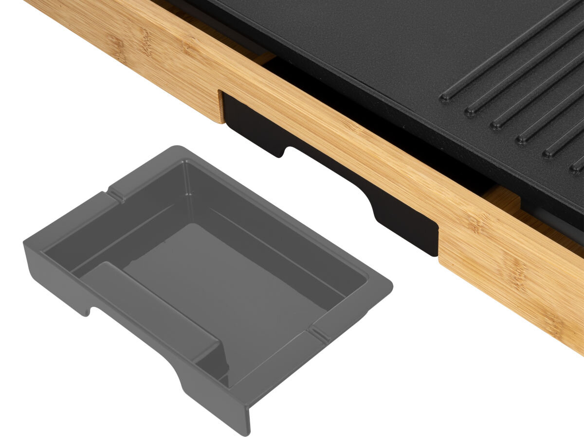 Grill elektryczny SENCOR SBG 206BK, przyrządzanie, warunki, zaawansowane, przestrzeń, na białym tle wizualizacja wyjmowania tacki ociekowej na tłuszcz