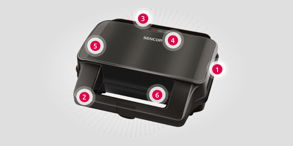Opiekacz SENCOR SSM 9978BK 4w1 Wygoda funkcjonalność Nieprzywierająca powierzchnia uchwyt izolacja termiczna Kontrolka czynności CoolTouch 4 wymienialne płytki