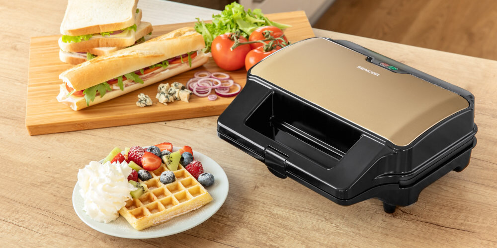 Opiekacz SENCOR SSM 9977CH 4w1 4 wyminne płyty wymiary 285 x 152 mm możliwości kanapki gofry mięso