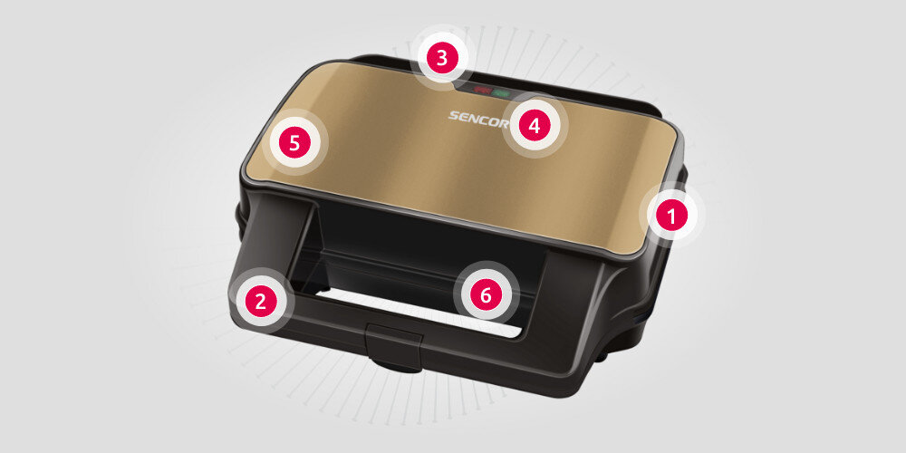 Opiekacz SENCOR SSM 9977CH 4w1 Wygoda funkcjonalność Nieprzywierająca powierzchnia uchwyt izolacja termiczna Kontrolka czynności CoolTouch 4 wymienialne płytki
