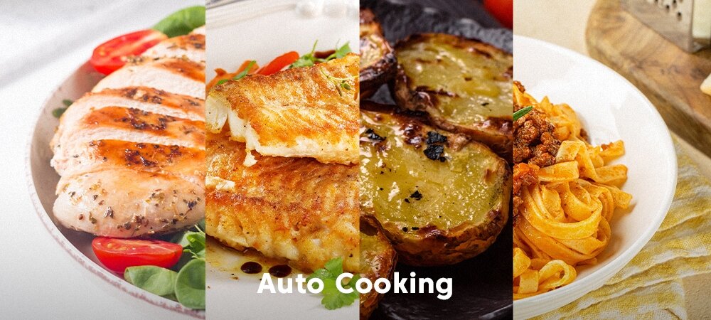 KUCHNIA MIKROFALOWA BEKO BMGB25333BG Kompozycja kilku potraw z napisem „Auto Cooking”. Pokaz efektów przygotowywania różnych dań