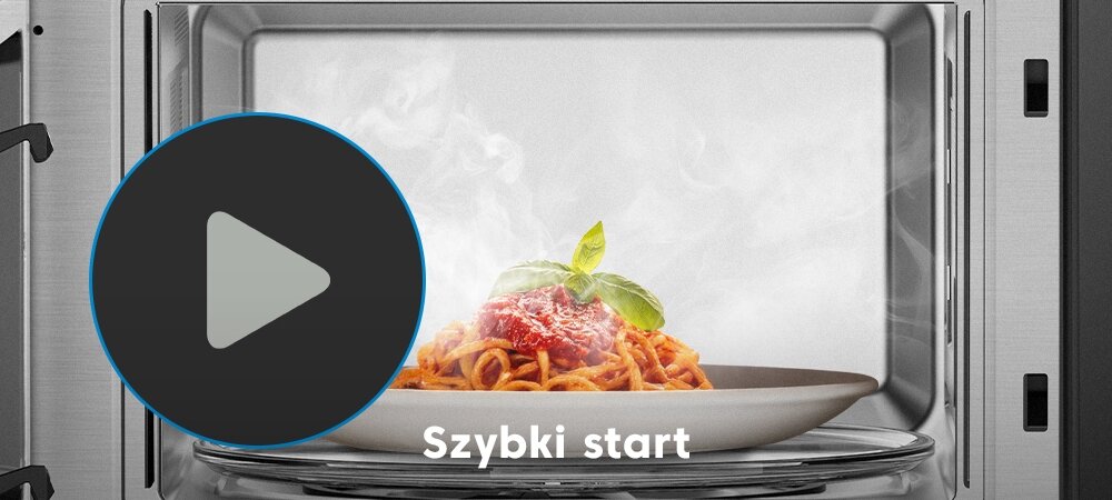 KUCHNIA MIKROFALOWA BEKO BMGB25333BG Talerz makaronu w mikrofalówce z ikoną start. Napis „Szybki start”