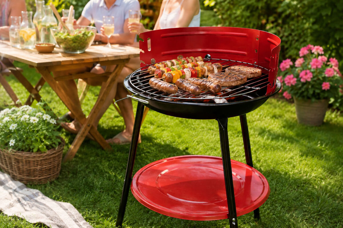 Grill ogrodowy węglowy ACTIVA 19935 Okrągły, Mały, ogród, mobilność, ustawienie, Smażenie szaszłyków i kiełbasek w ogrodzie.