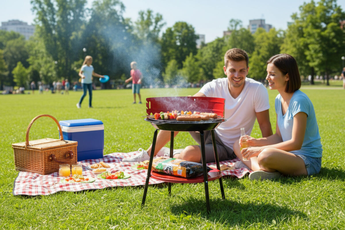 Grill ogrodowy węglowy ACTIVA 19935 Okrągły, Temperatura, ruszt, pieczenie, równomierność, Piknik w parku i pieczenie jedzenia na grillu.