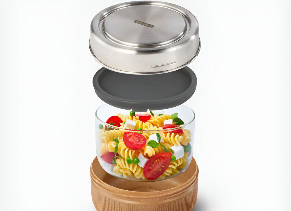Lunch box BLACK+BLUM GR-LB-L015 Ciemnoszary szklany lunch box pojemność 750 ml lekkie szkło borokrzemowe trwała odporna na wysokie temperatury obudowa z polipropylenu włókno drzewne antypoślizgowy spód funkcjonalność stabilność