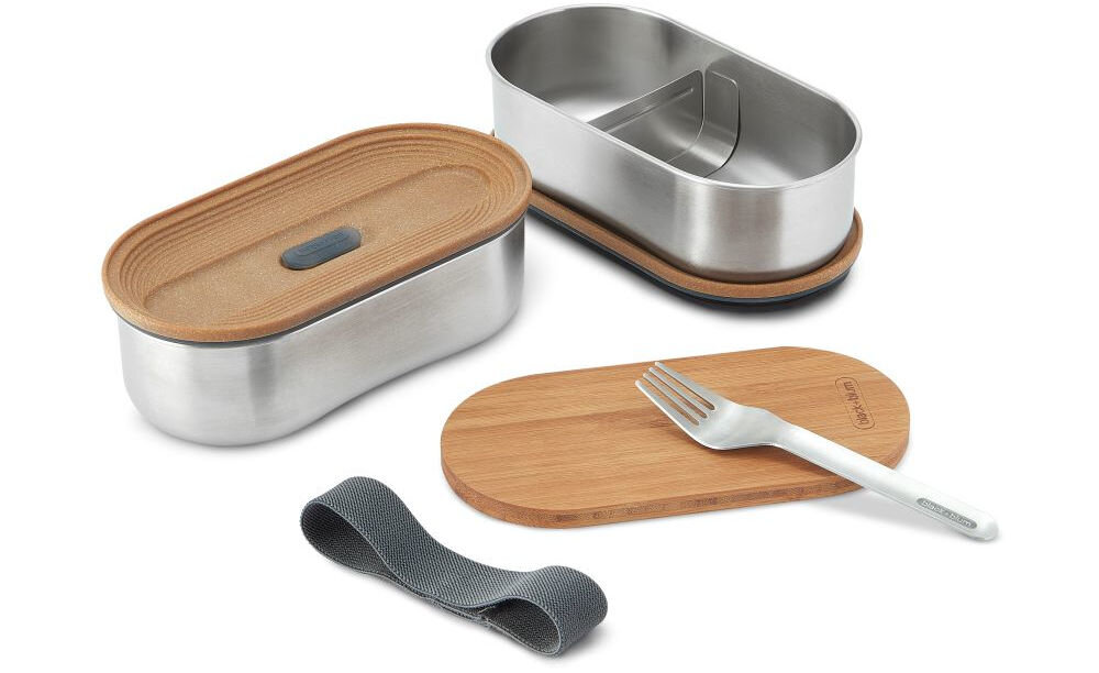 Zestaw lunchboxów BLACK+BLUM BAM-BT-L016 1 L Srebrny widelec 2 pokrywki przegródka pokrywka-deseczka do krojenia elastyczna opaska spinająca dokumentacja