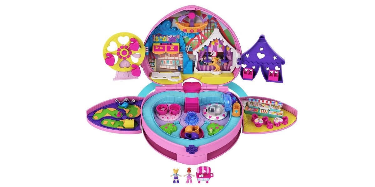 Lalka MATTEL Polly Pocket Park Rozrywki serce kokardka zabawa zajęcie urocza rozkładany minigolf młyn namiot zdjęcia atrakcje rozrywka fontanna regulacja