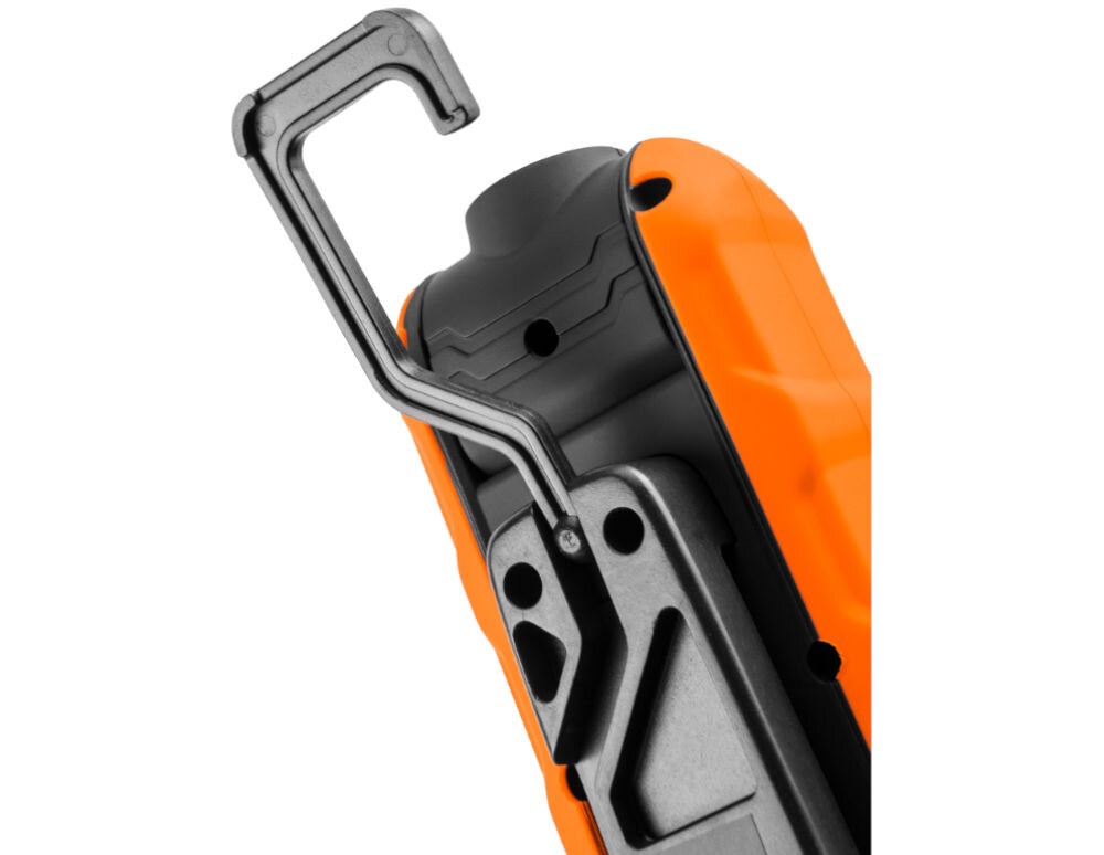 Lampa warsztatowa NEO TOOLS 99-065, Hak, magnes, wieszanie, Zbliżenie na rozstawiony hak lampy w tylen części lampy