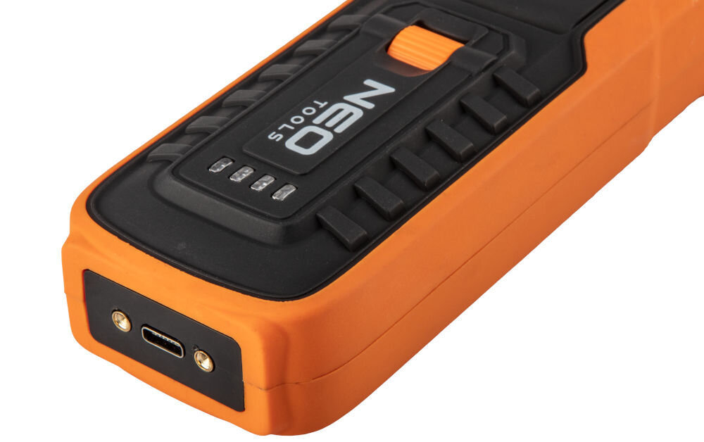 Lampa warsztatowa NEO TOOLS 99-065, materiał, odpornośc, IP20, Przedstawienie dolnej parti produktu lampy, diody, portu ładowania