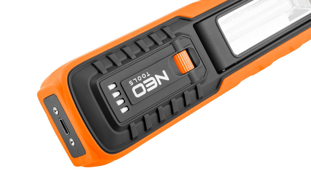 Lampa warsztatowa NEO TOOLS 99-065, żywotność, budowa, sezony, Przedstawienie lampy dolnej partii, ujęty włącznik, port, diody LED