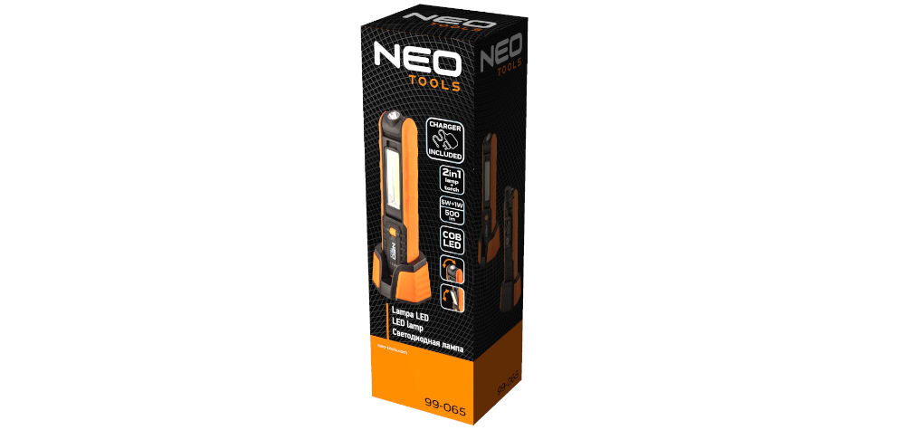 Lampa warsztatowa NEO TOOLS 99-065, zestaw opakowania, Zdjęcie przedstawia zapakowany w karton fabrycznie lampe