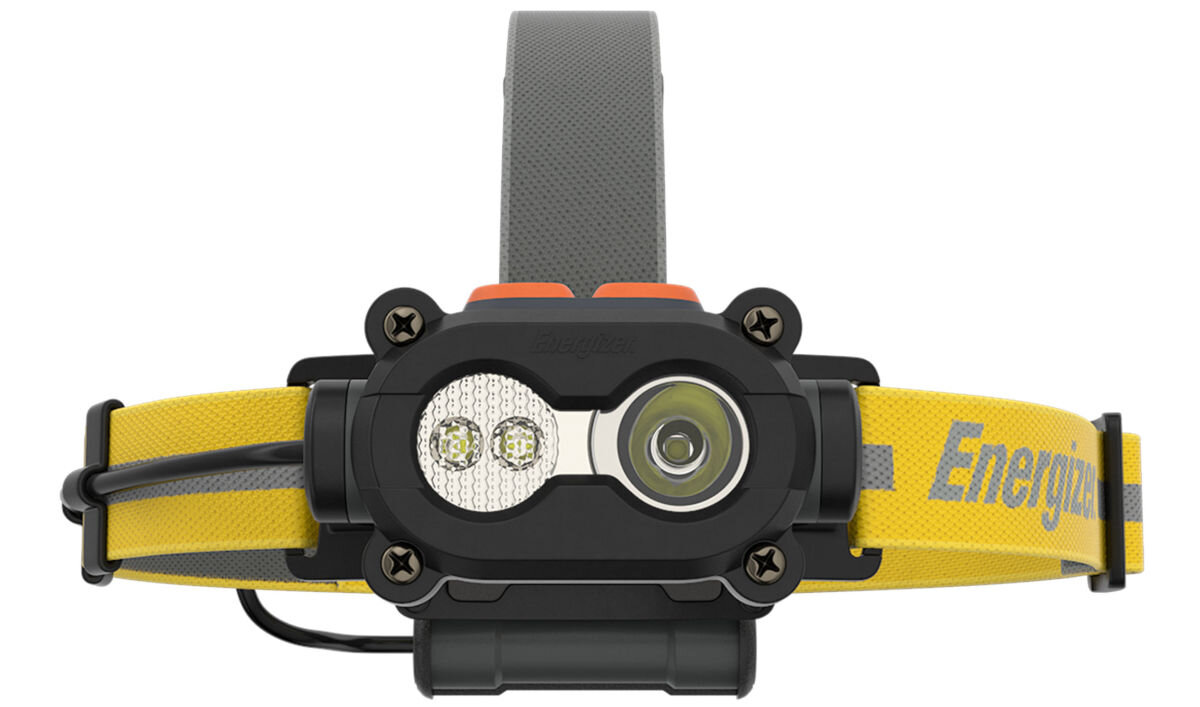 Latarka ENERGIZER Headlight Attachment, skonstruowane, warunki, upadki, wysokość, dwupiętrowe, odporność, na białym tle latarka od przodu frontem na wprost