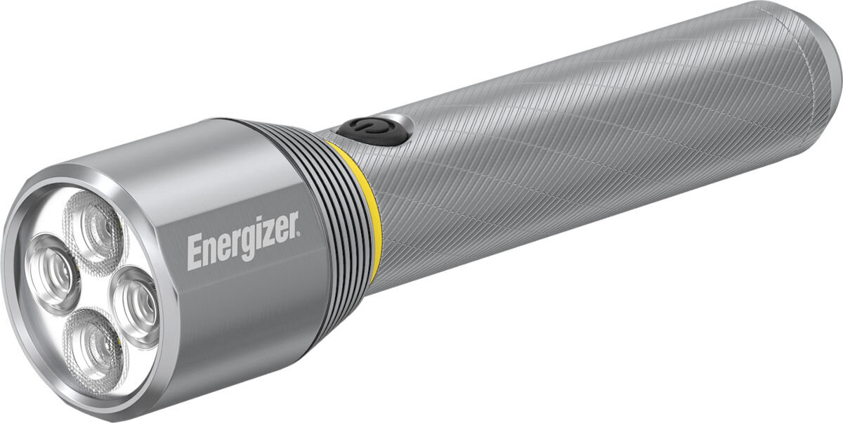 Latarka ENERGIZER Metal Vision HD 1500 lm, intensywne, przestrzeń, digital focus, wiązka, dostosowanie, na białym tle latarka frontem prawo skos