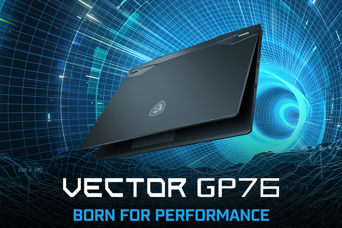 Obraz przedstawia laptopa z logo producenta na tle futurystycznej grafiki. Widoczny tekst: \'VECTOR GP76 BORN FOR PERFORMANCE\'.