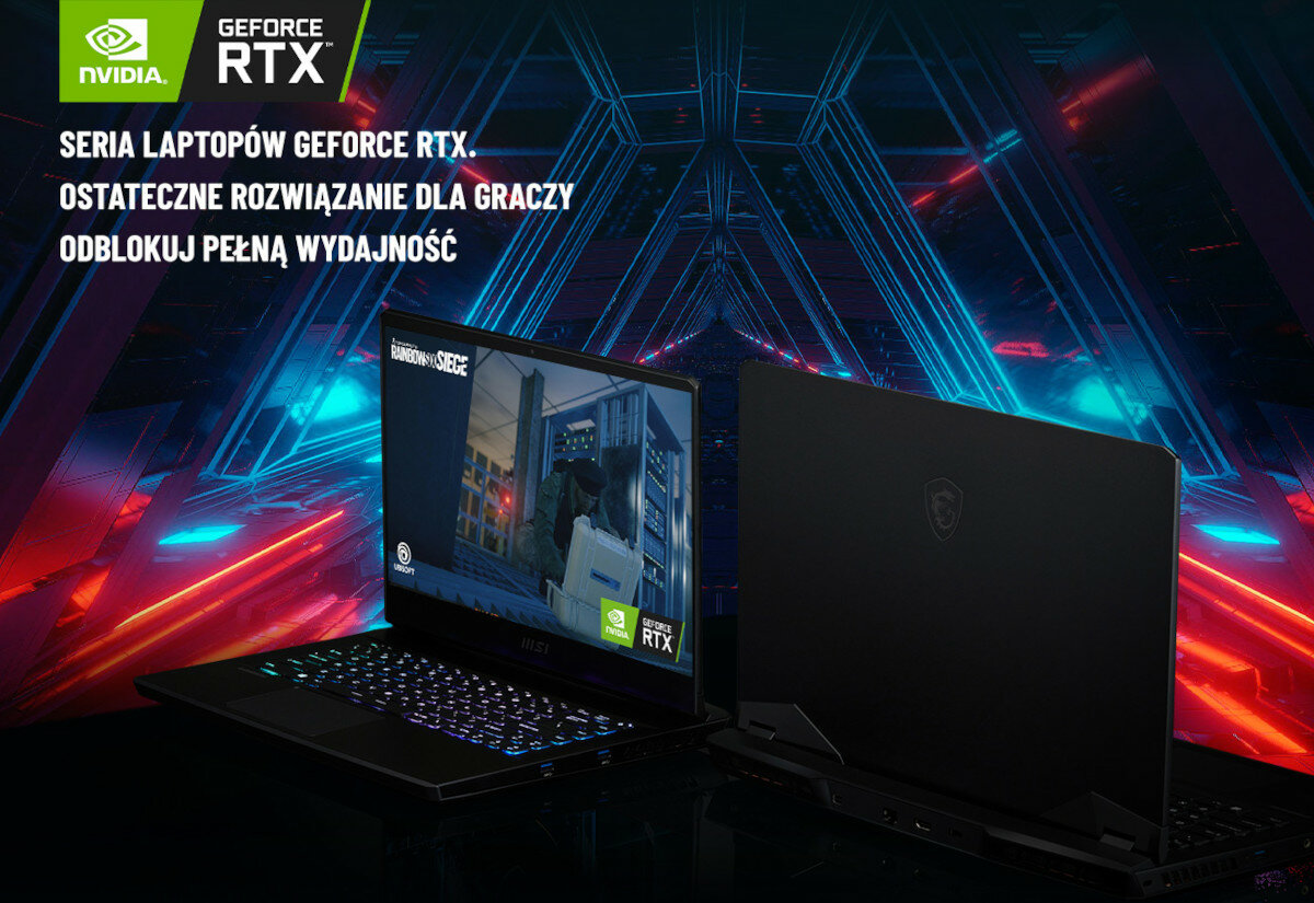 Obraz przedstawia dwa laptopy z serii GeForce RTX, jeden otwarty z widocznym ekranem, drugi zamknięty z widocznym logo. Na ekranie laptopa wyświetlana jest gra, a w tle znajduje się futurystyczna grafika z niebieskimi i czerwonymi światłami. Tekst na obrazie: \'Seria laptopów GeForce RTX. Ostateczne rozwiązanie dla graczy. Odblokuj pełną wydajność\'.