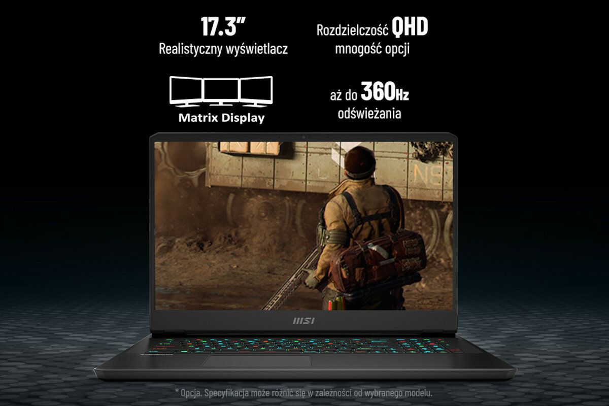 Obraz przedstawia laptop z wyświetlaczem pokazującym grę, a nad nim widnieje tekst: \'17.3\