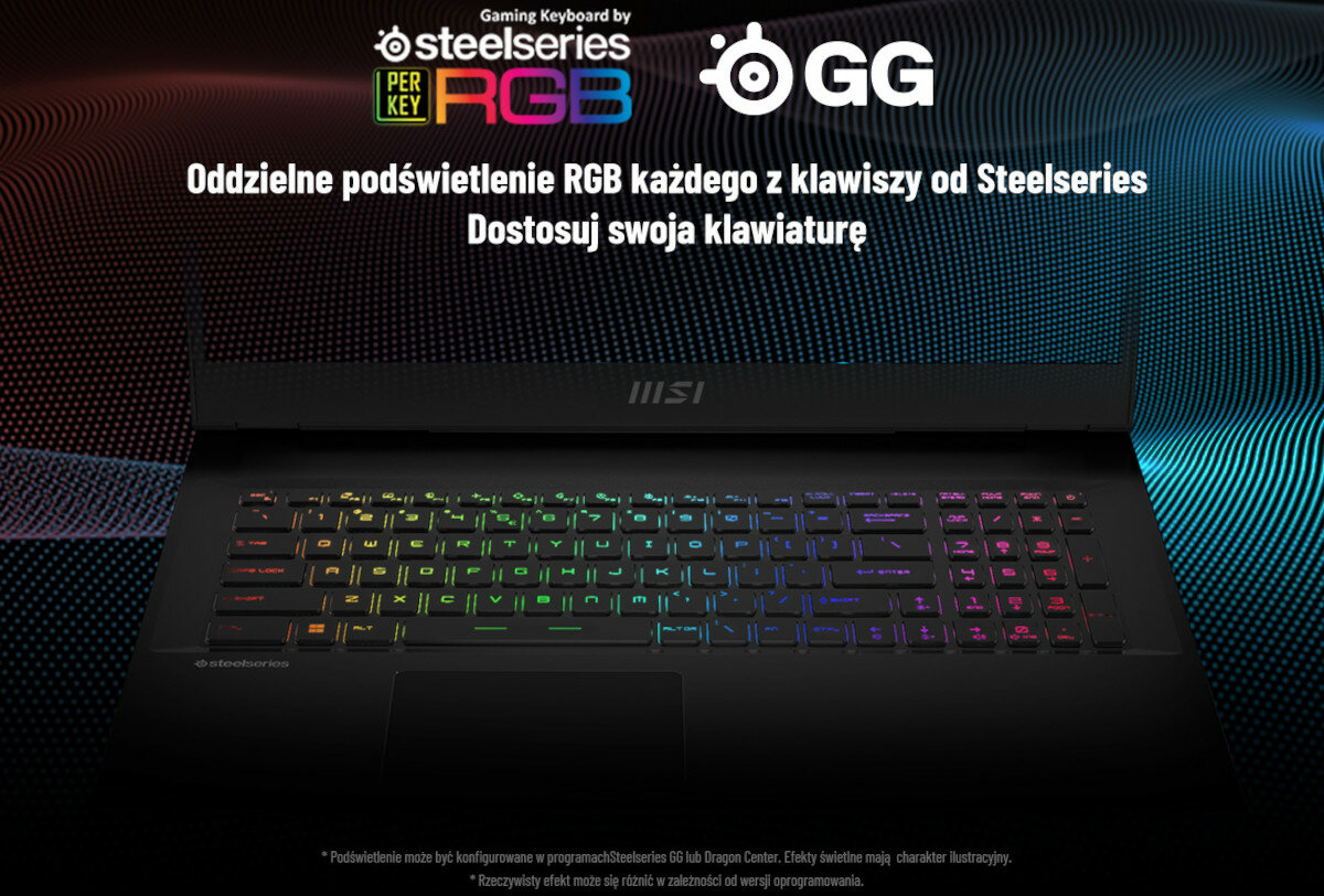 Laptop z podświetlaną klawiaturą RGB, logo MSI na obudowie. Tekst: \'Oddzielne podświetlenie RGB każdego z klawiszy od Steelseries Dostosuj swoją klawiaturę\'.