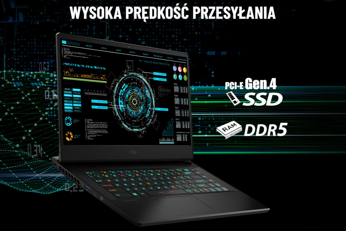 Na obrazie widoczny jest laptop z kolorowym wyświetlaczem, na którym prezentowane są zaawansowane grafiki i wykresy. Nad laptopem znajduje się tekst \'WYSOKA PRĘDKOŚĆ PRZESYŁANIA\', a obok niego symbole PCI-E Gen.4 SSD i RAM DDR5.