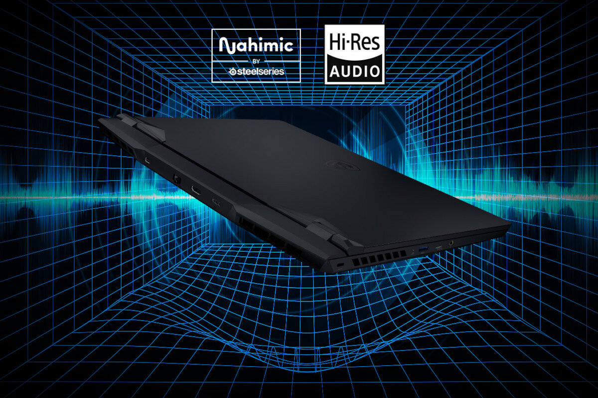 Obraz przedstawia zamknięty laptop na tle siatki 3D z efektami świetlnymi. Widoczne są logotypy \'Nahimic by steelseries\' i \'Hi-Res Audio\'.