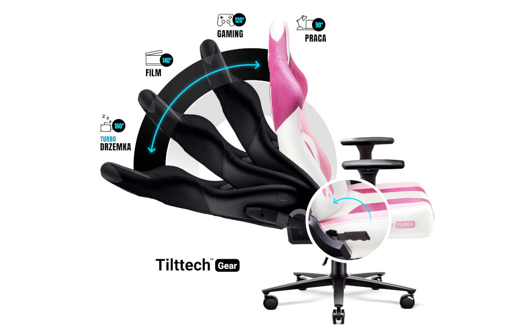Fotel DIABLO CHAIRS X-Player (L) Różowo-biały oparcie nachylenie bujanie sie wygoda stabilnosc